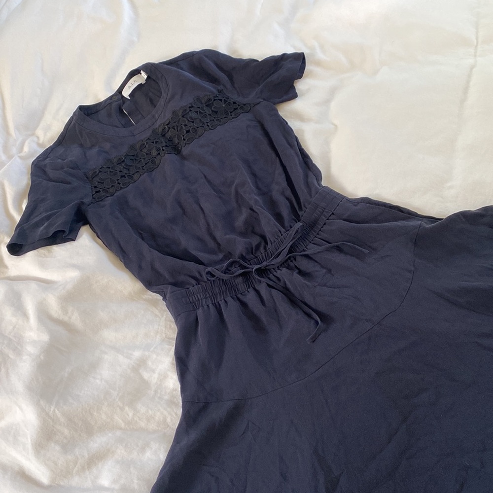 A.L.C. Navy 1940’s style silk dress with floral lace detail 2